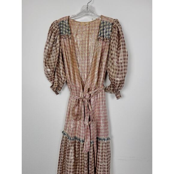 LoveShackFancy Maxi Dress Women’s Medium Wrap Tiered Metallic Gingham - Picture 7 of 16